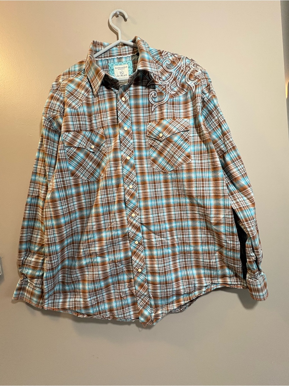 Men's Plaid Long-Sleeve Western Button-Down Shirt - Brown & Light Blue